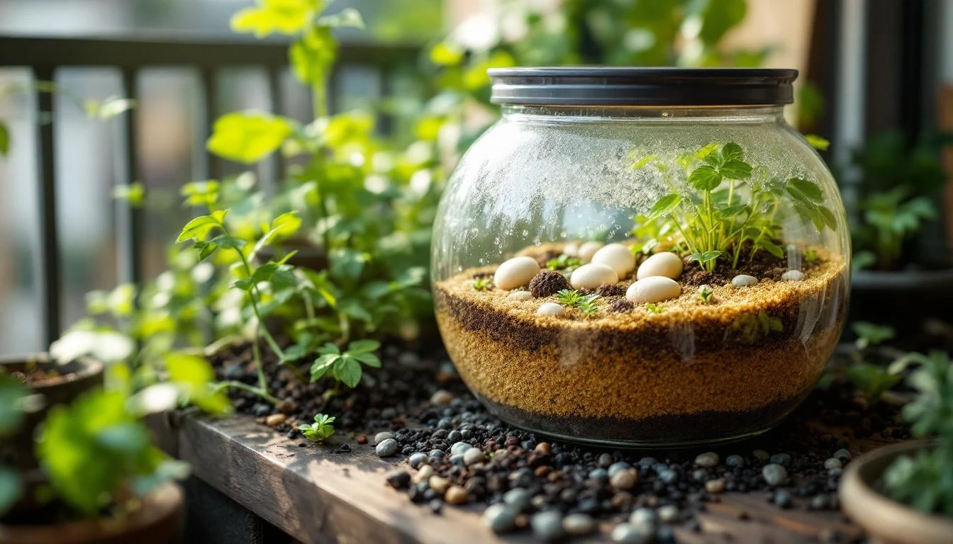 Seau bokashi ouvert montrant pré-compost sur balcon appartement