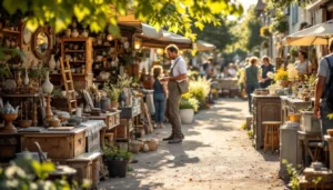 Stand de vide-grenier en plein air avec objets vintage et meubles anciens pour brocante