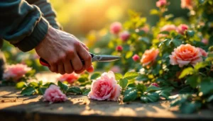 Main préparant bouture rosier frais avec sécateur pour guide jardinage