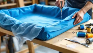 Technique de couture professionnelle sur une bâche à bulles de piscine