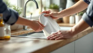Main nettoyant le filtre d'un lave-vaisselle avec produits naturels en cuisine