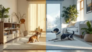 Maison débarrassée des puces : salon propre avec chien traité et produits naturels