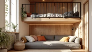 Mezzanine sécurisée par filet habitation maille fine cadre bois moderne