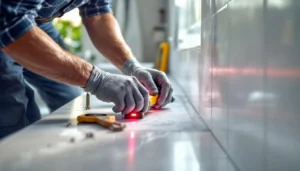 Mesure pente évacuation WC avec niveau laser sur tuyau PVC