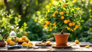 Citronnier parfaitement taillé en pot prêt pour printemps 2026 avec outils