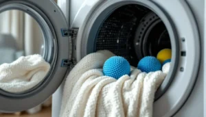 Sèche-linge avec alternatives à balle tennis : boules silicone, laine DIY, comparatif visuel pour réduire temps séchage