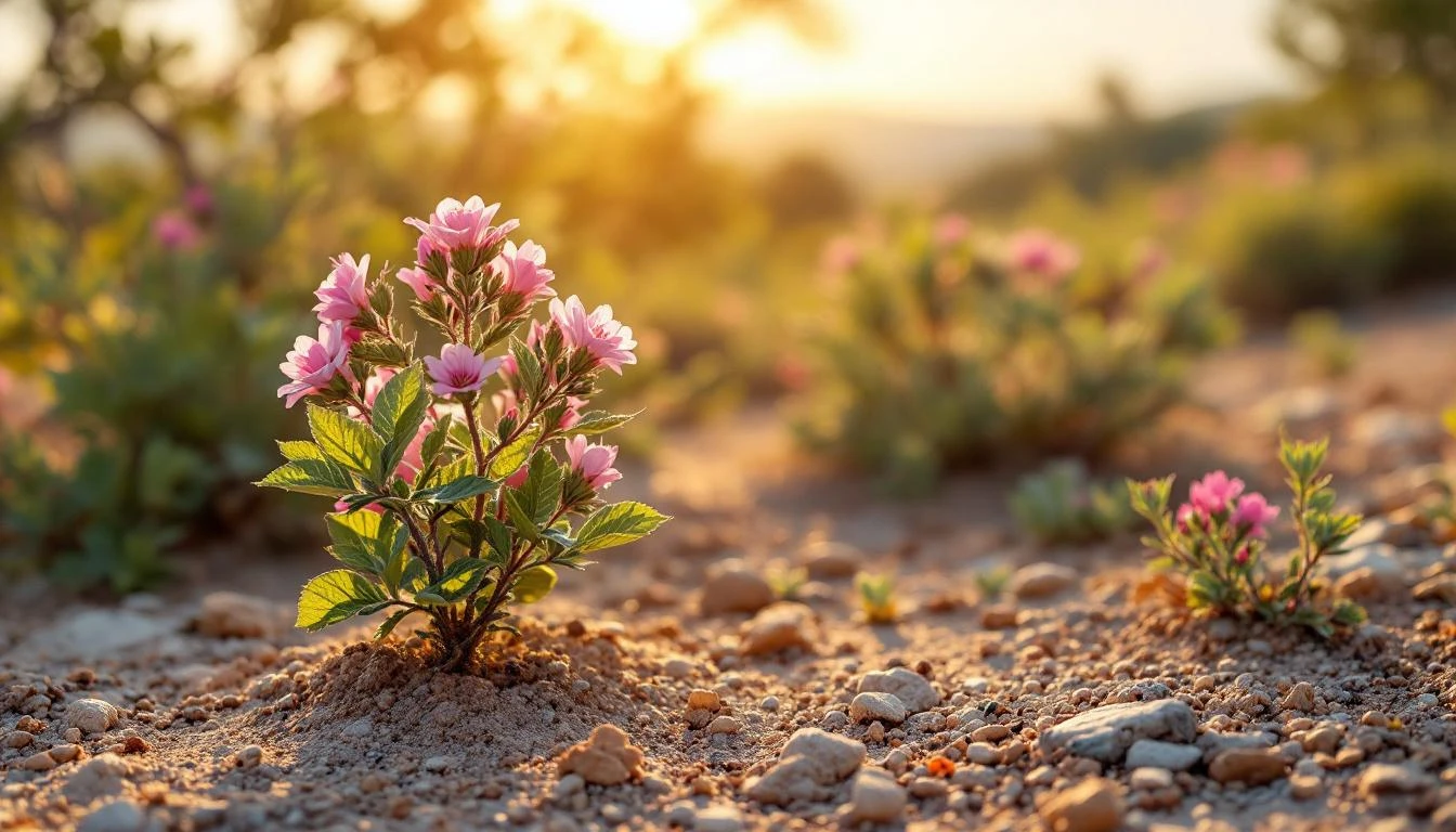 Plante serpolet en fleurs sur sol sec de garrigue, thym serpyllum aromatique