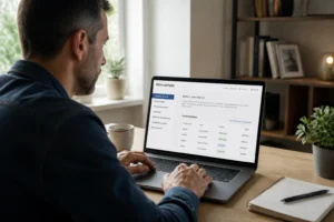 Homme gérant son espace client en ligne sur un ordinateur portable dans un bureau à domicile moderne
