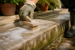 Nettoyage d'une terrasse en pierre avec une brosse et du savon naturel, mousse visible sur les dalles
