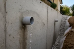 Tuyaux de barbacane en PVC traversant un mur de soutènement en béton avec couche de gravier drainant visible