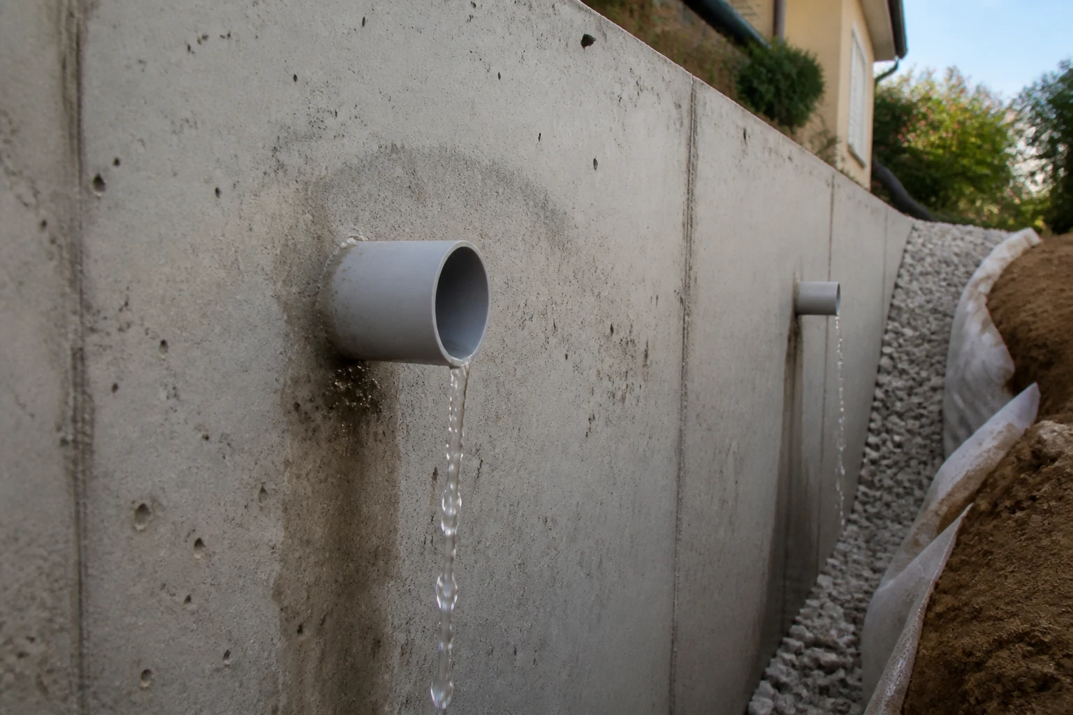 Tuyaux de barbacane en PVC traversant un mur de soutènement en béton avec couche de gravier drainant visible