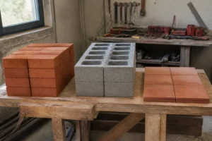 Briques en terre cuite, parpaings en béton et pavés côte à côte sur un chantier de construction en France