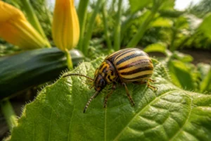 Chrysomèle rayée du concombre sur une feuille de cucurbitacée dans un potager en plein soleil