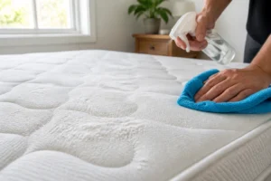 Nettoyage d'un matelas blanc avec du bicarbonate de soude et un chiffon microfibre dans une chambre lumineuse