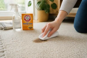 Nettoyage d'un tapis en laine beige avec un chiffon microfibre blanc et produits naturels