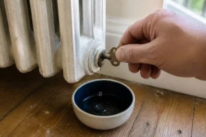 Main utilisant une clé de purge sur un robinet de radiateur blanc, bol récupérant l'eau sombre