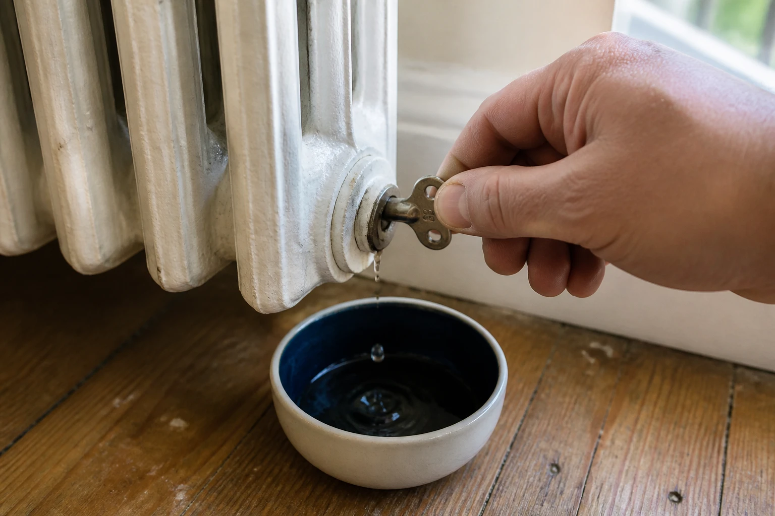 Main utilisant une clé de purge sur un robinet de radiateur blanc, bol récupérant l'eau sombre