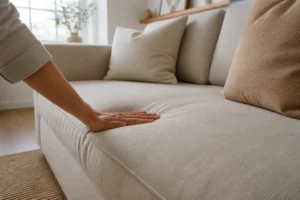Main testant la densité du coussin d'assise d'un canapé beige dans un salon lumineux