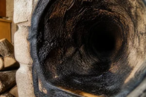 Dépôt de bistre brun-noir sur les parois internes d'un conduit de cheminée en pierre