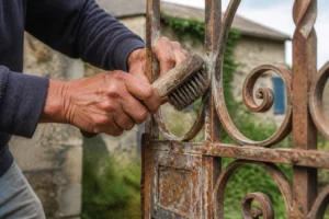 Mains d'artisan décapant de la rouille sur un portail en fer forgé avec une brosse métallique