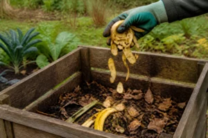 Épluchures de pomme de terre ajoutées dans un composteur de jardin en bois en automne
