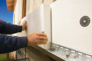 Pose de panneaux isolants sur façade de maison en extérieur