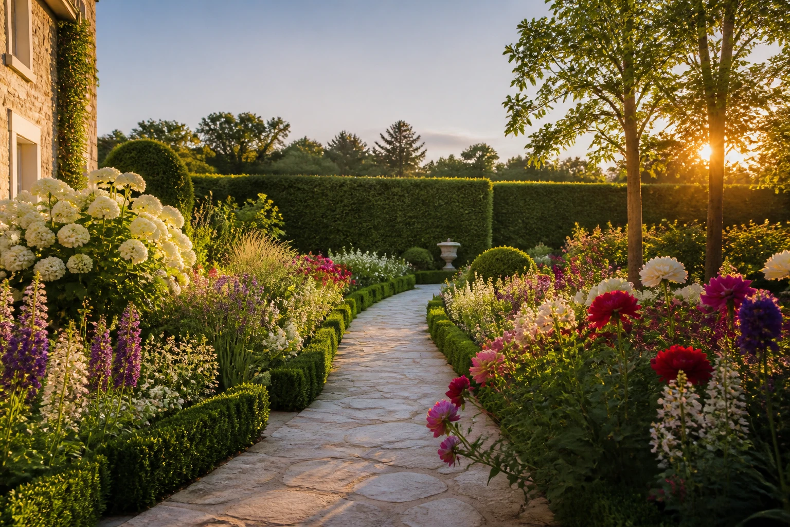 Jardin aménagé avec massifs de vivaces et haie taillée, référence encyclopédie jardipedia