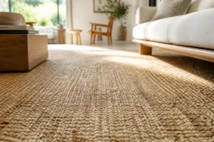 Sol en jonc de mer naturel dans un salon lumineux, fibres tressées beige et sable, lumière naturelle
