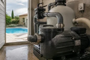 Pompe de piscine installée dans un local technique avec tuyauteries et vanne, vue rapprochée réaliste