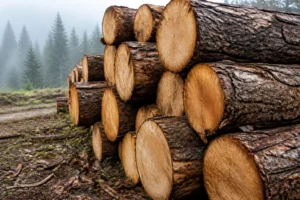 Grumes de bois fraîchement coupées empilées en forêt, sections transversales visibles avec cernes annuels
