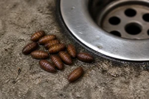 Pupes de mouche brun foncé regroupées près d'un drain de cuisine, vue macro sur surface humide