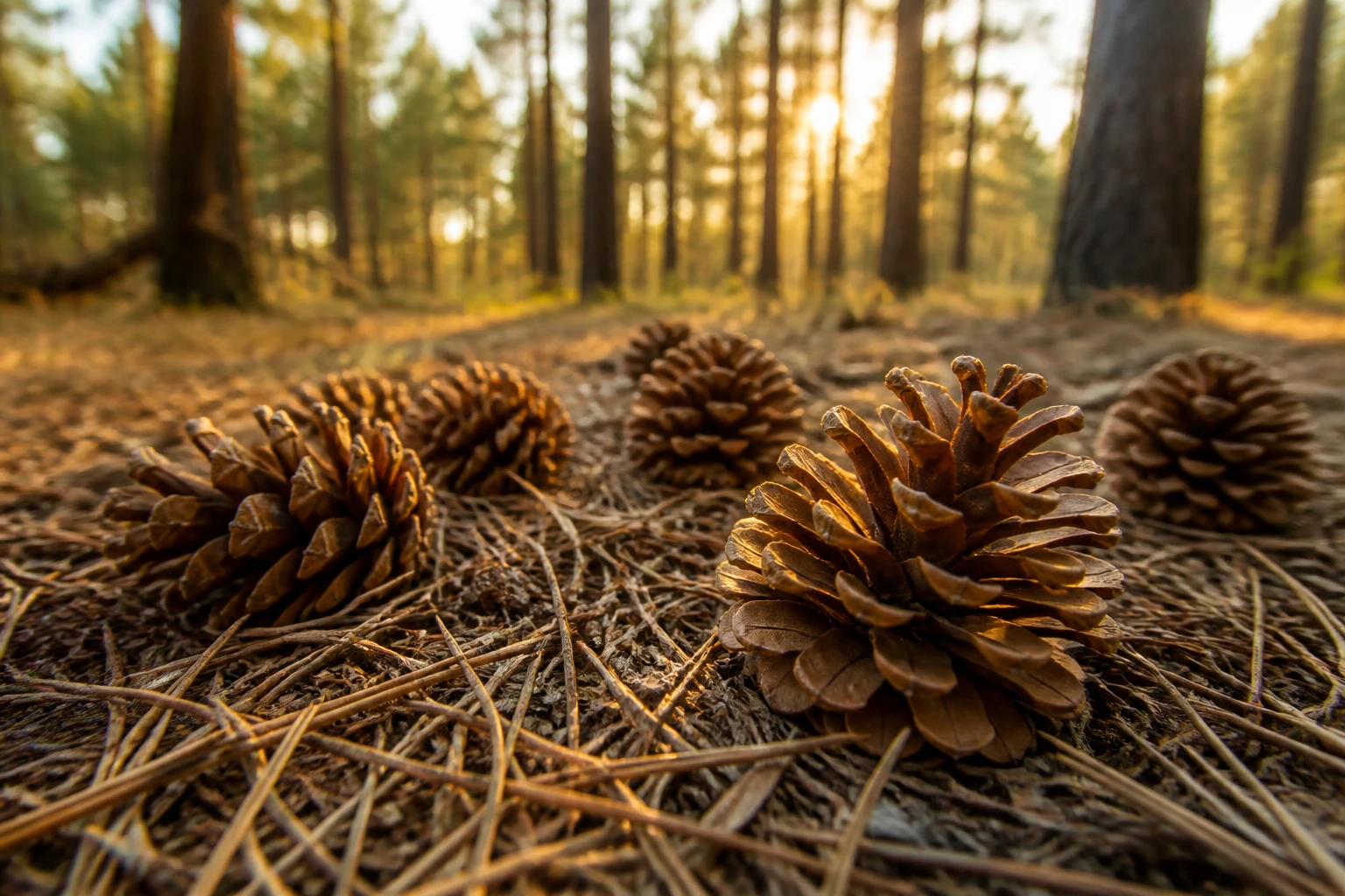 Pommes de pin sèches brunes sur un sol forestier recouvert d'aiguilles de pin en automne