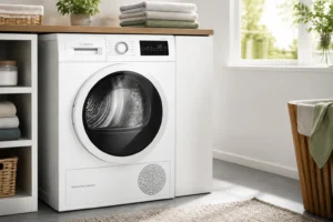 Sèche-linge à pompe à chaleur blanc dans une buanderie lumineuse avec linge plié posé dessus