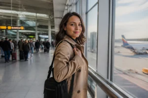 Femme avec bagage cabine dans un hall de départ aéroportuaire moderne, lumière naturelle et avions visibles en fond