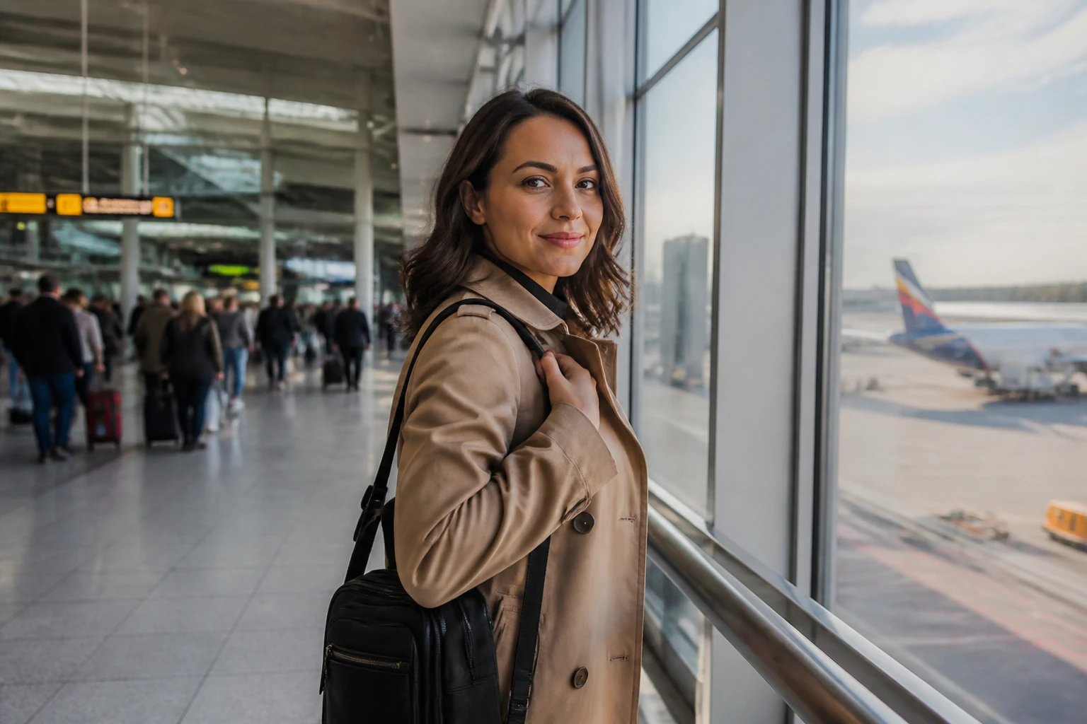 Femme avec bagage cabine dans un hall de départ aéroportuaire moderne, lumière naturelle et avions visibles en fond