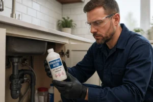 Plumber with safety equipment inspecting a sink drainage pipe.