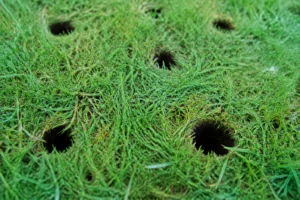 Petits trous ronds dans une pelouse verte sans monticule de terre autour, lumière naturelle matinale, jardin résidentiel