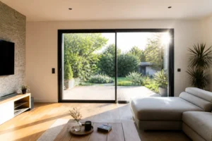 Baie vitrée coulissante aluminium 3 m ouverte sur terrasse et jardin dans un séjour contemporain