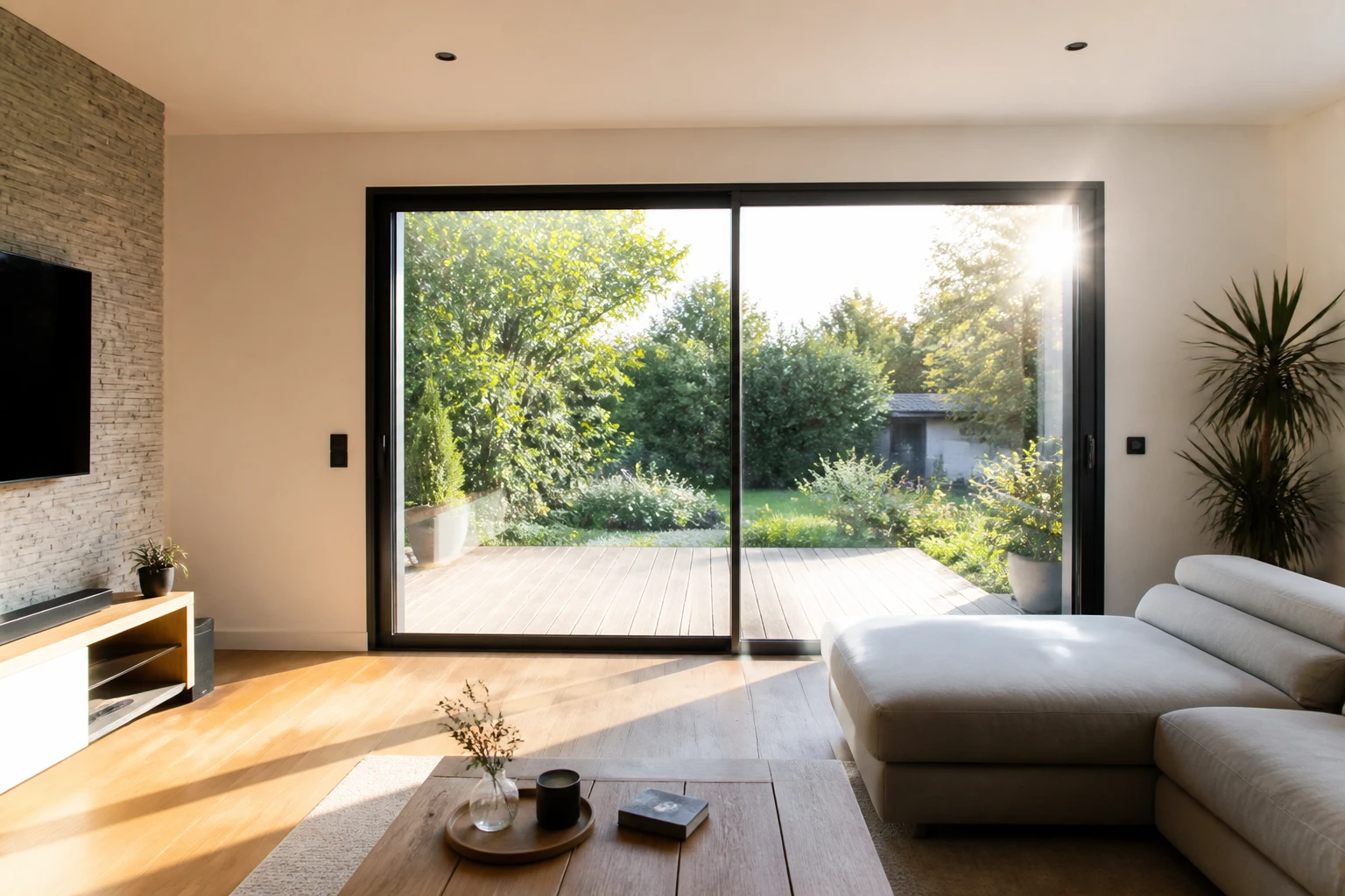 Baie vitrée coulissante aluminium 3 m ouverte sur terrasse et jardin dans un séjour contemporain