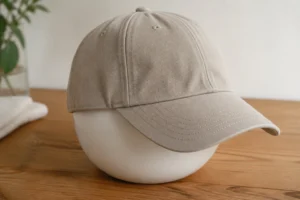 Casquette de baseball bleue posée sur un bol pour sécher sans se déformer, lumière naturelle