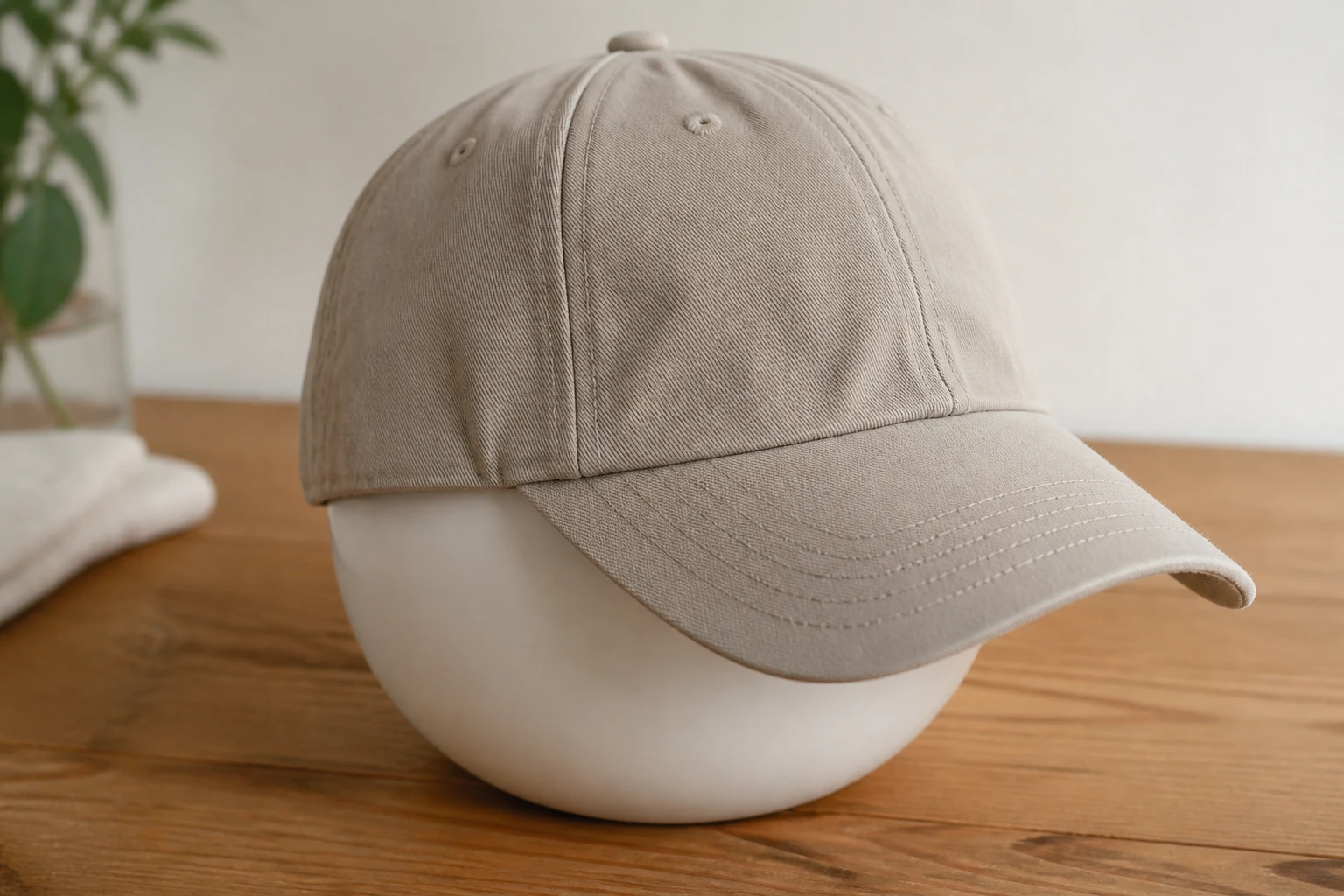 Casquette de baseball bleue posée sur un bol pour sécher sans se déformer, lumière naturelle