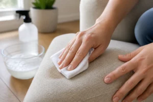 Tamponnage d'une tache sur canapé en tissu beige avec un chiffon blanc et solution savonneuse