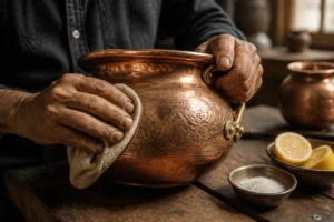 Nettoyage d'une casserole en cuivre avec un chiffon doux et du citron sur un établi en bois