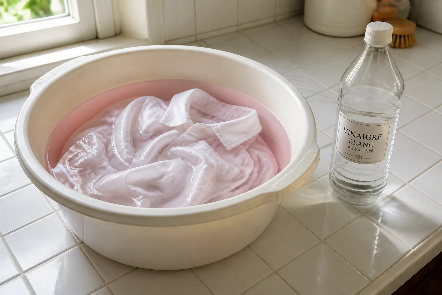 Linge blanc en trempage dans une bassine d'eau avec du vinaigre blanc pour récupérer la décoloration rose