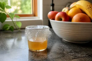 Piège maison au vinaigre de cidre contre les moucherons dans une cuisine lumineuse