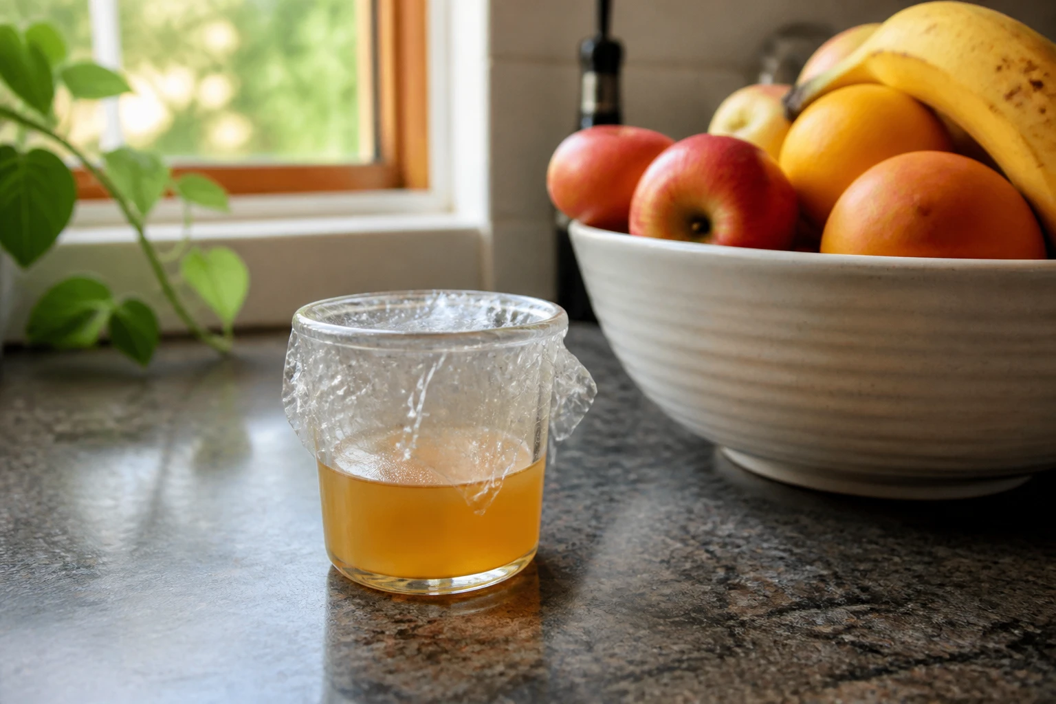 Piège maison au vinaigre de cidre contre les moucherons dans une cuisine lumineuse