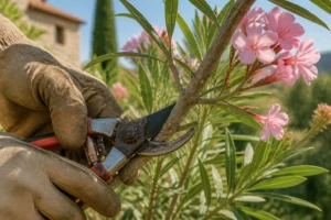 Jardiner qui taille un laurier rose en fleur avec un sécateur dans un jardin méditerranéen ensoleillé