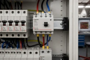 Contacteur jour nuit triphasé installé dans un tableau électrique domestique avec câblage soigné
