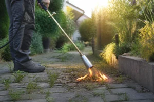 Désherbage thermique d'une allée en pierre avec un brûleur à gaz butane dans un jardin