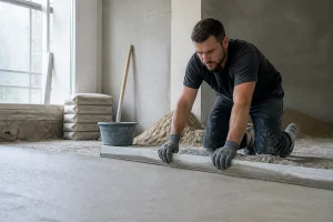Ouvrier tirant une chape maigre à la règle en aluminium sur un sol en béton brut lors d'une rénovation intérieure